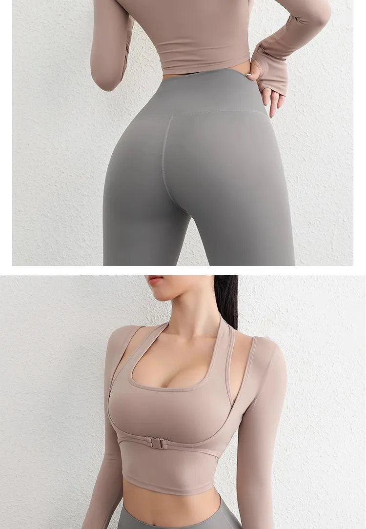 Herbst Sport Damen Oberteile Modische Langarm-Trainings-Tops mit Daumenlöchern Fitness Crop Yoga-Top – Detail 9