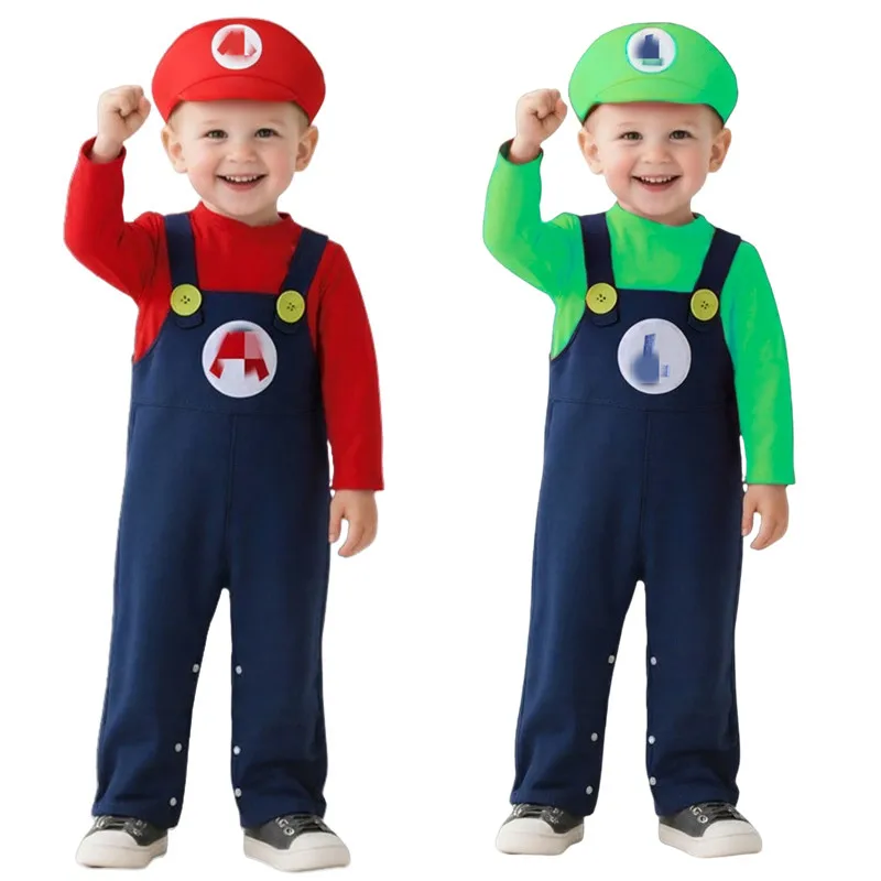 Disfraz de fontanero para bebé, traje de fontanero de juego de Anime rojo y verde, disfraz de fiesta navideña, uniforme con botones, mono de algodón puro para Otoño/Invierno