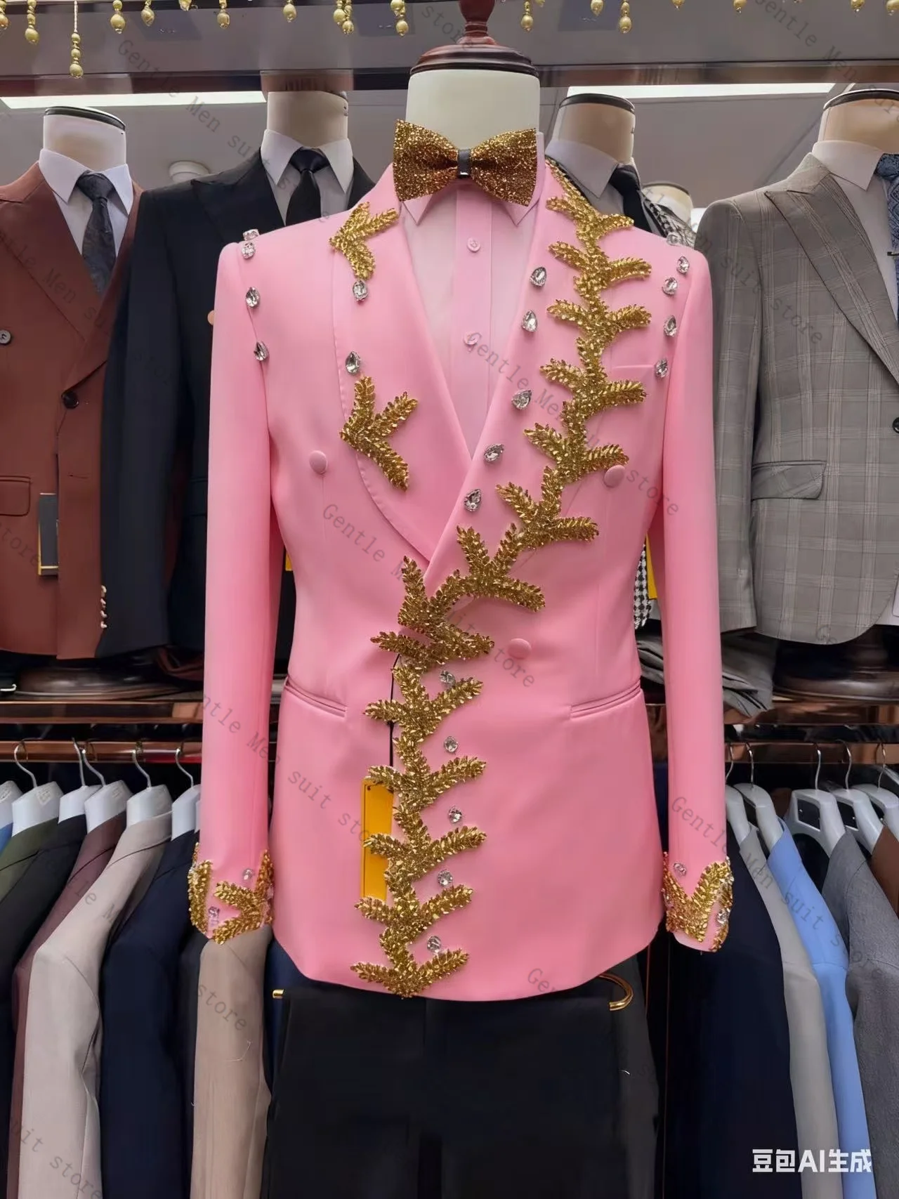 Conjunto de terno masculino com contas douradas, 2 peças, blazer + calças pretas, smoking de casamento, jaqueta formal de escritório, casaco de baile personalizado