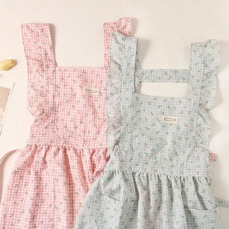 Korean Breathable Thin Apron Sweet Princess Plaid Bubble Cotton Kitchen Home Kitchen Use New Adjustable Straps for Women Girls