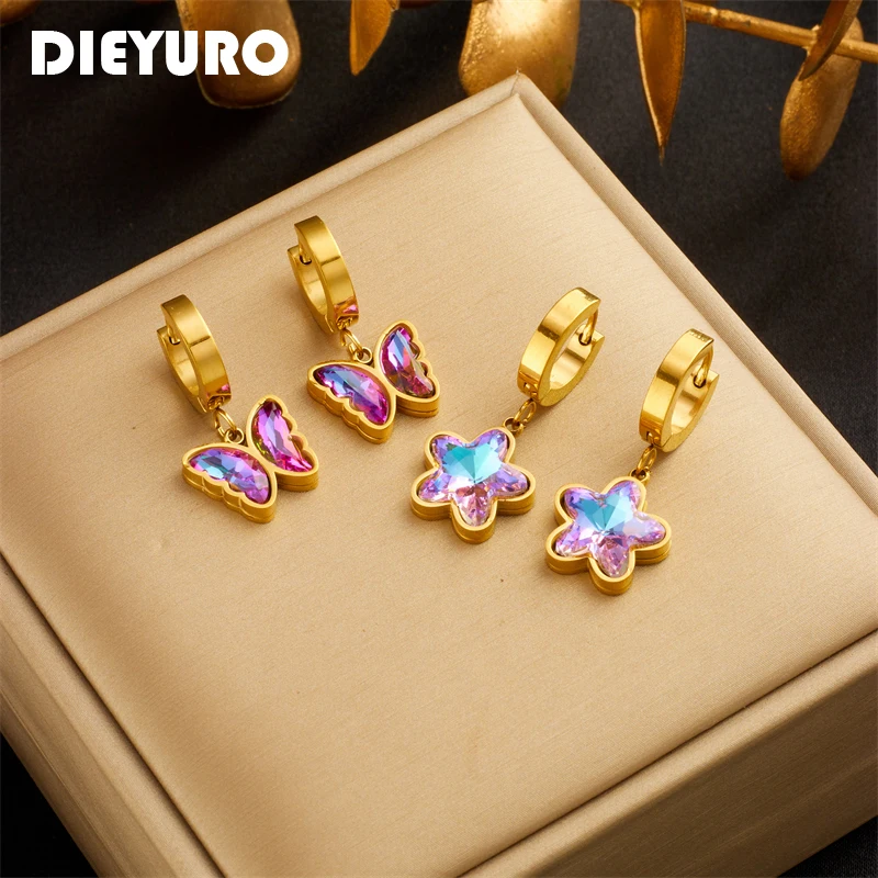 DIEYURO 316L Stainless Steel Butterfly Pentagram Colorful Purple Crystal Earrings For Women Girl Luxury Jewelry Holiday Gift