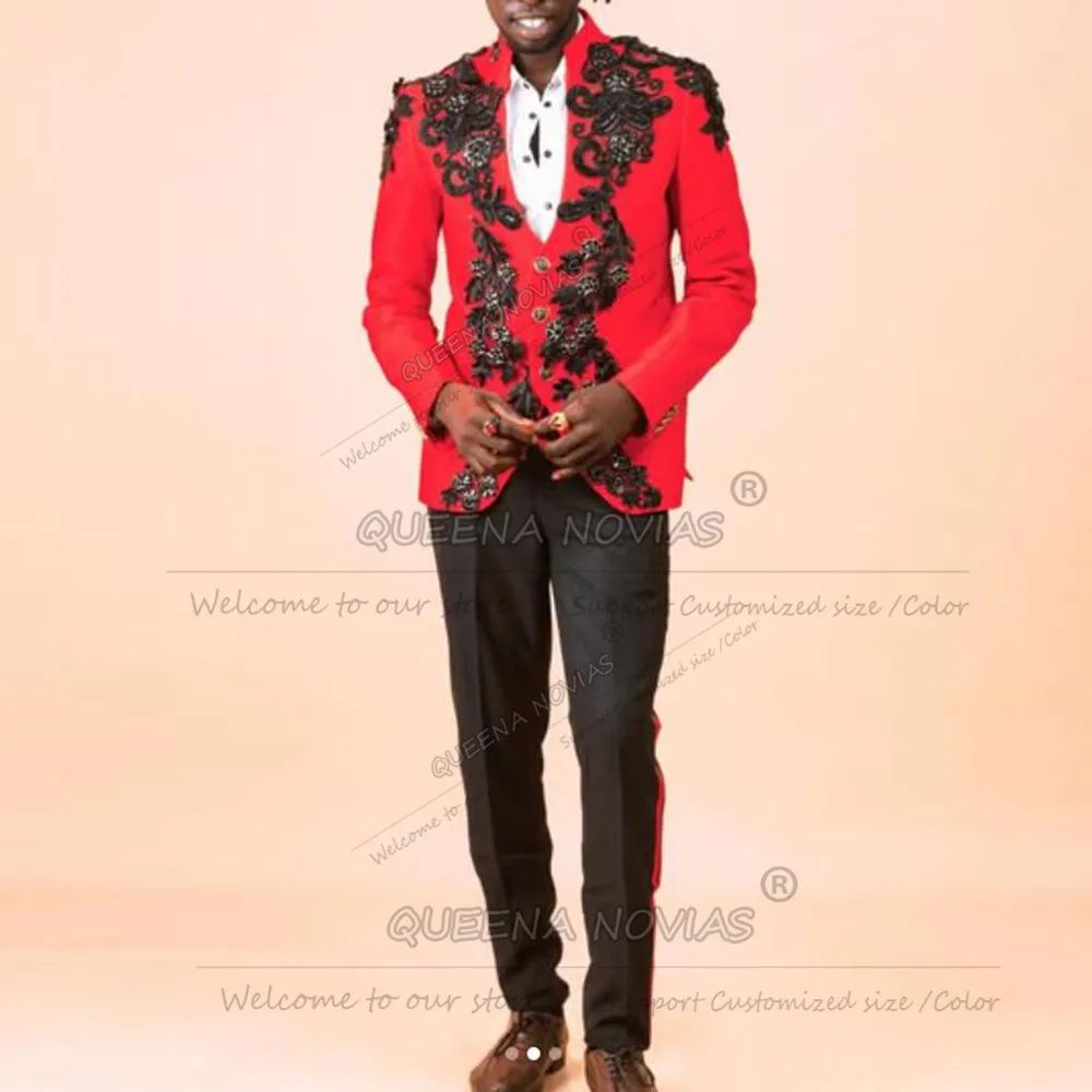 Luxury Jewelry Stones Ornament Suit Men For Wedding Single Breasted Jacket Pants 2 Piece Set Groom Tuxedos Customized Man Outfit