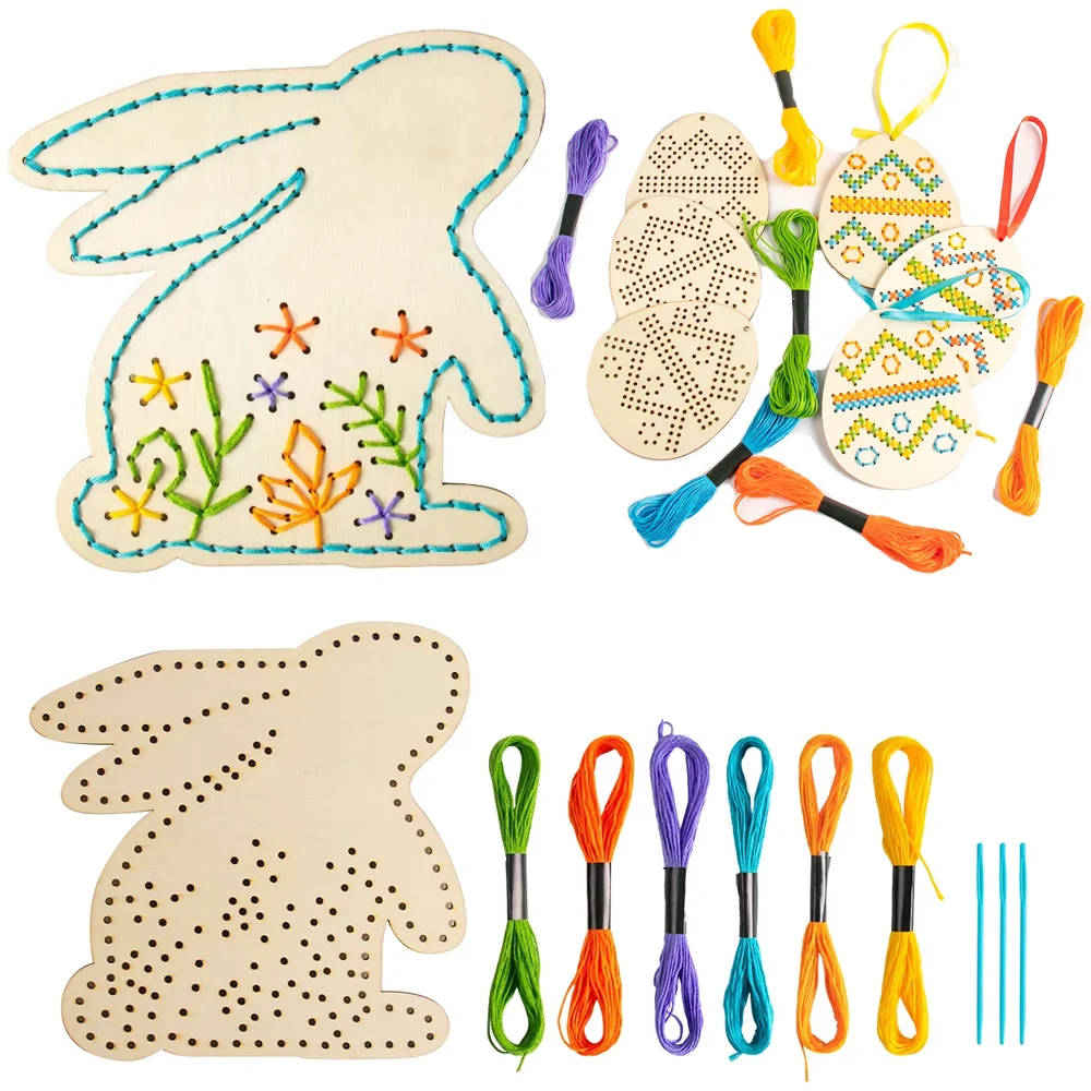 Bunny Easter Egg Cross Stitch Kits Easter Rabbit Egg Wooden Embroidery Ornaments Easter Party Hand Sewing Crafts Activity Party