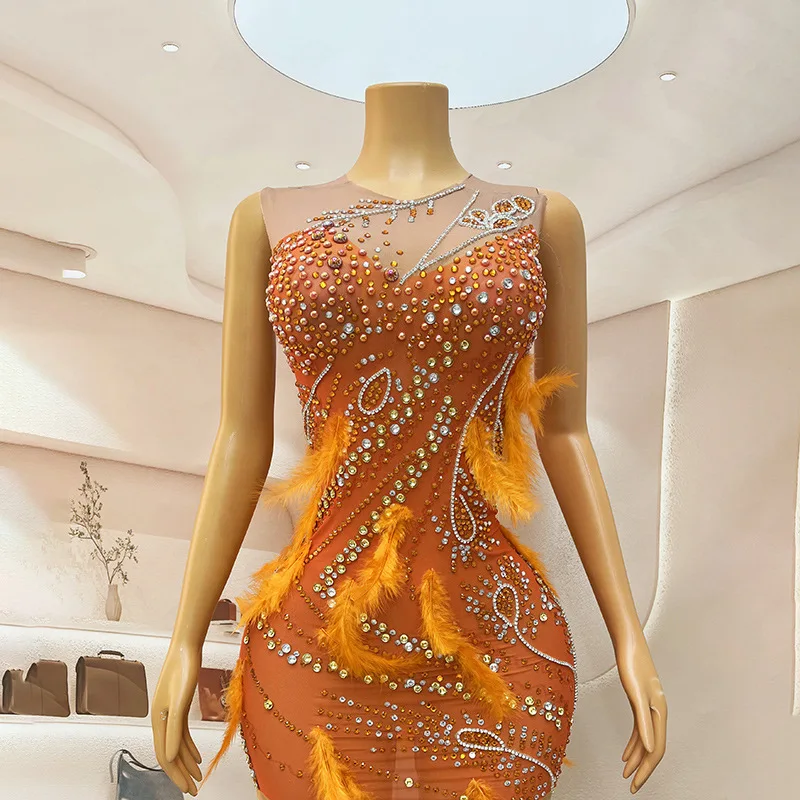 الماس عيد ميلاد زي ملهى ليلي بار ريشة سليم فستان المغني مأدبة Vestidos De Ocasião الرسمي Vestidos De Fiesta De Lujo