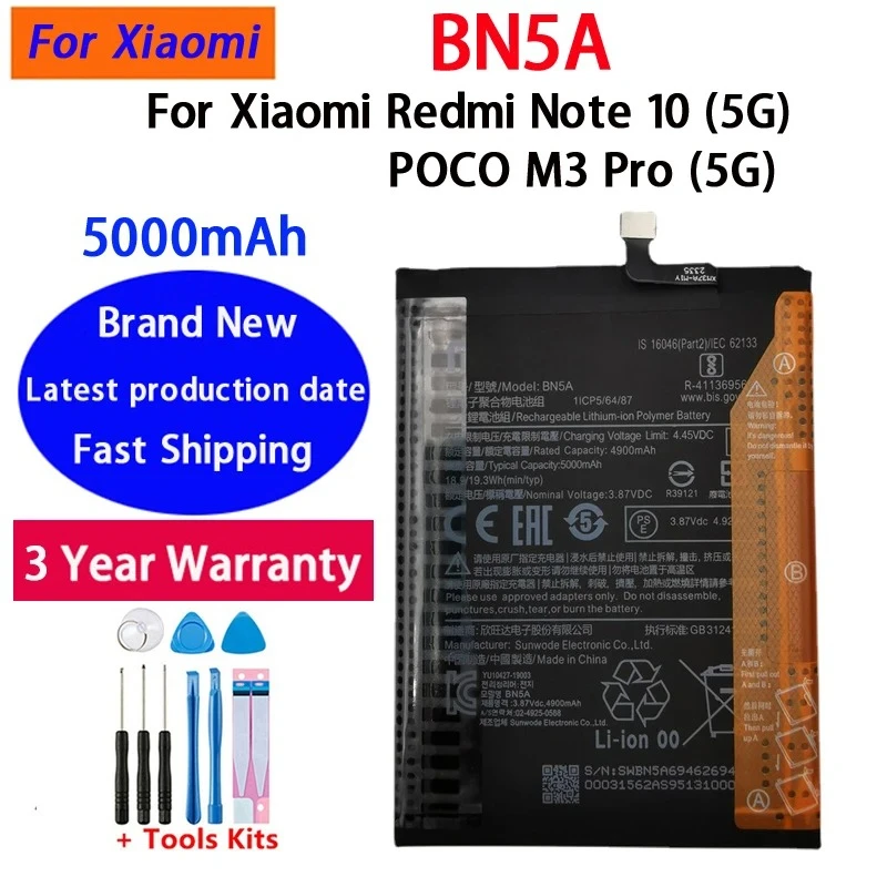 High Quality 5000mAh NEW BN5A Battery For Xiaomi Redmi Note 10 5G POCO M3 Pro 5G Mobile Phone Batteries Bateria Batterij+Tools