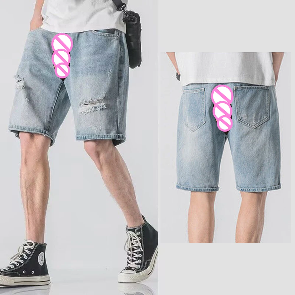 

Invisible Open Crotch Outdoor Sex Men's Denim Shorts Summer Trend Ripped Jeans Loose Streetwear Fifth Pants Eroticism Breeches