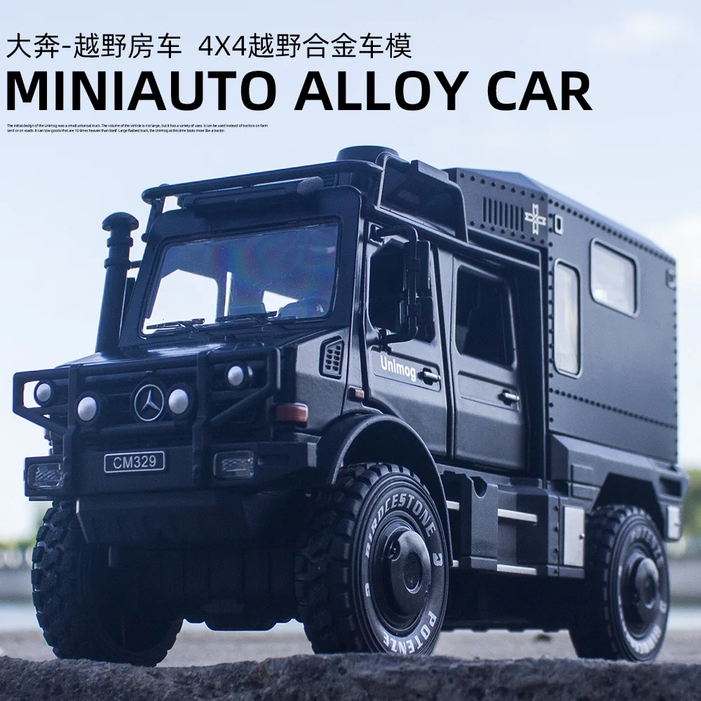 New 1:32 Diecast Alloy Model Car Military Vehicle Unimog Motorhome Miniature Off-Road RV Metal for Children Gifts Christmas Toys