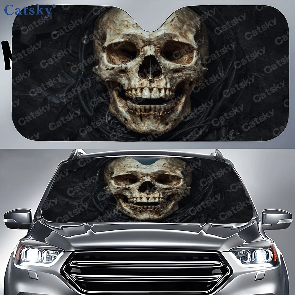 Human Skull Surrounded By Wires On A Black Background Car Auto Sunshades Car Sunshade, Front Window Sun Cover For Car, Auto Suns