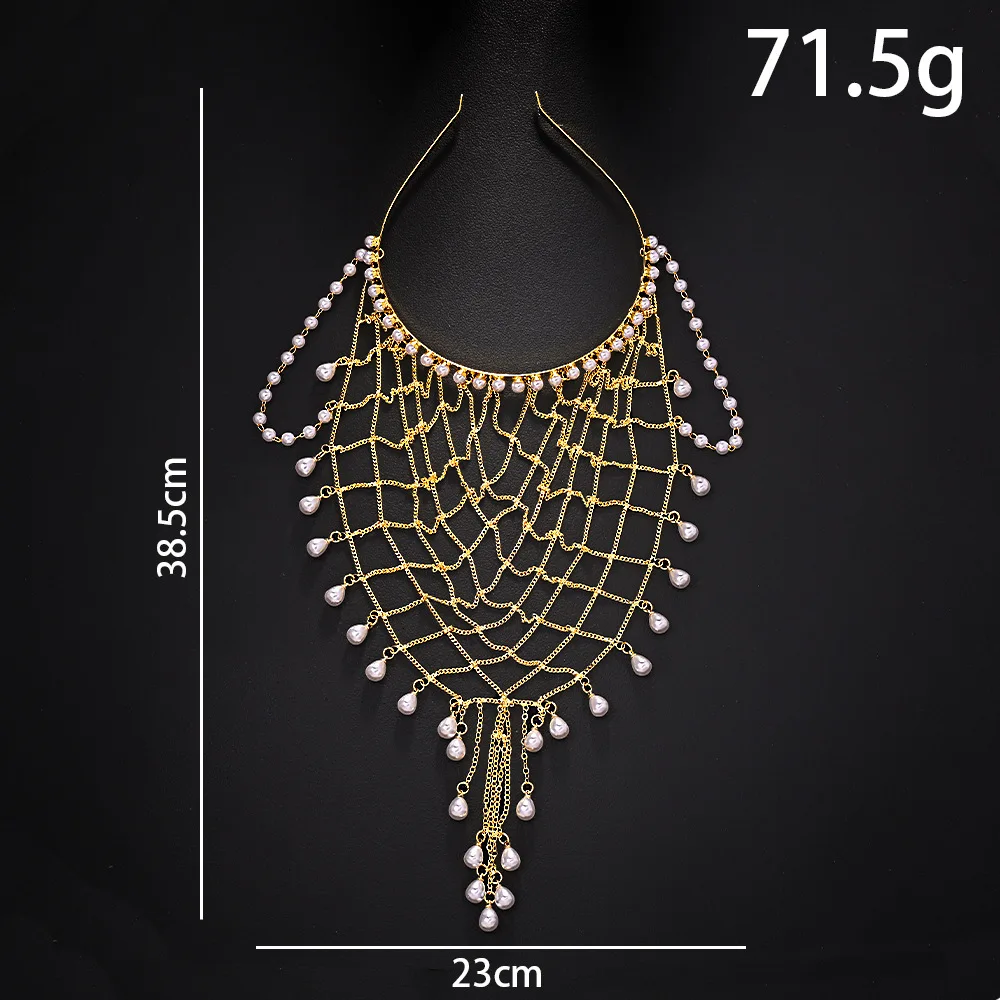 Gold Mesh Pearl Head Chain for Women Layered Tassel Headpiece Boho Hair Jewelry for Party Wedding 2