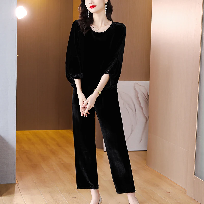 2023 Spring and Autumn New Velvet Bubble Sleeves Solid O-Neck T-shirt Black Velvet Straight Leg Pants Slim Retro Two Piece Set