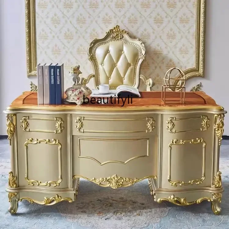 

pgEuropean French study table solid wood office desk champagne gold desk 1.5 meters boss table and chairs