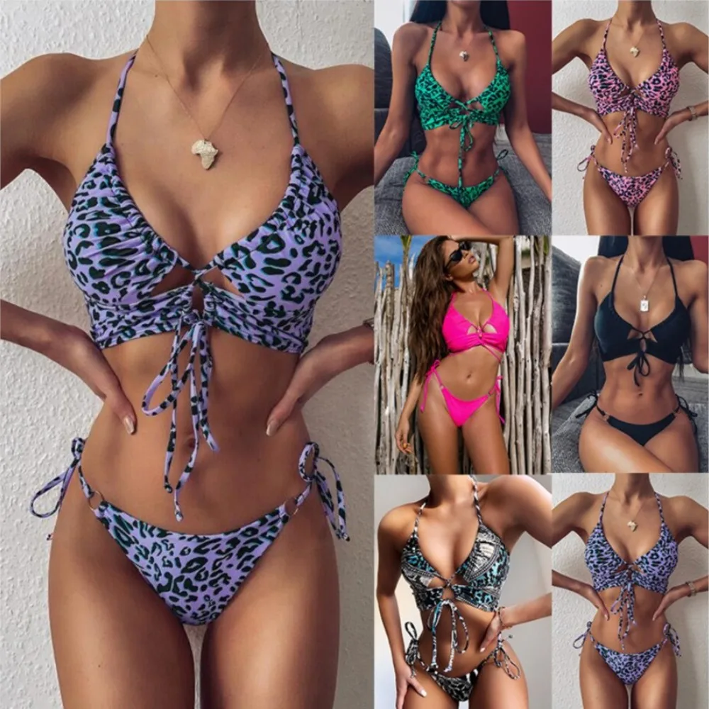 

European and American Style Women's Fashionable Leopard Print Drawstring Lace Gathered Beach Bikini Seperated Swimwear