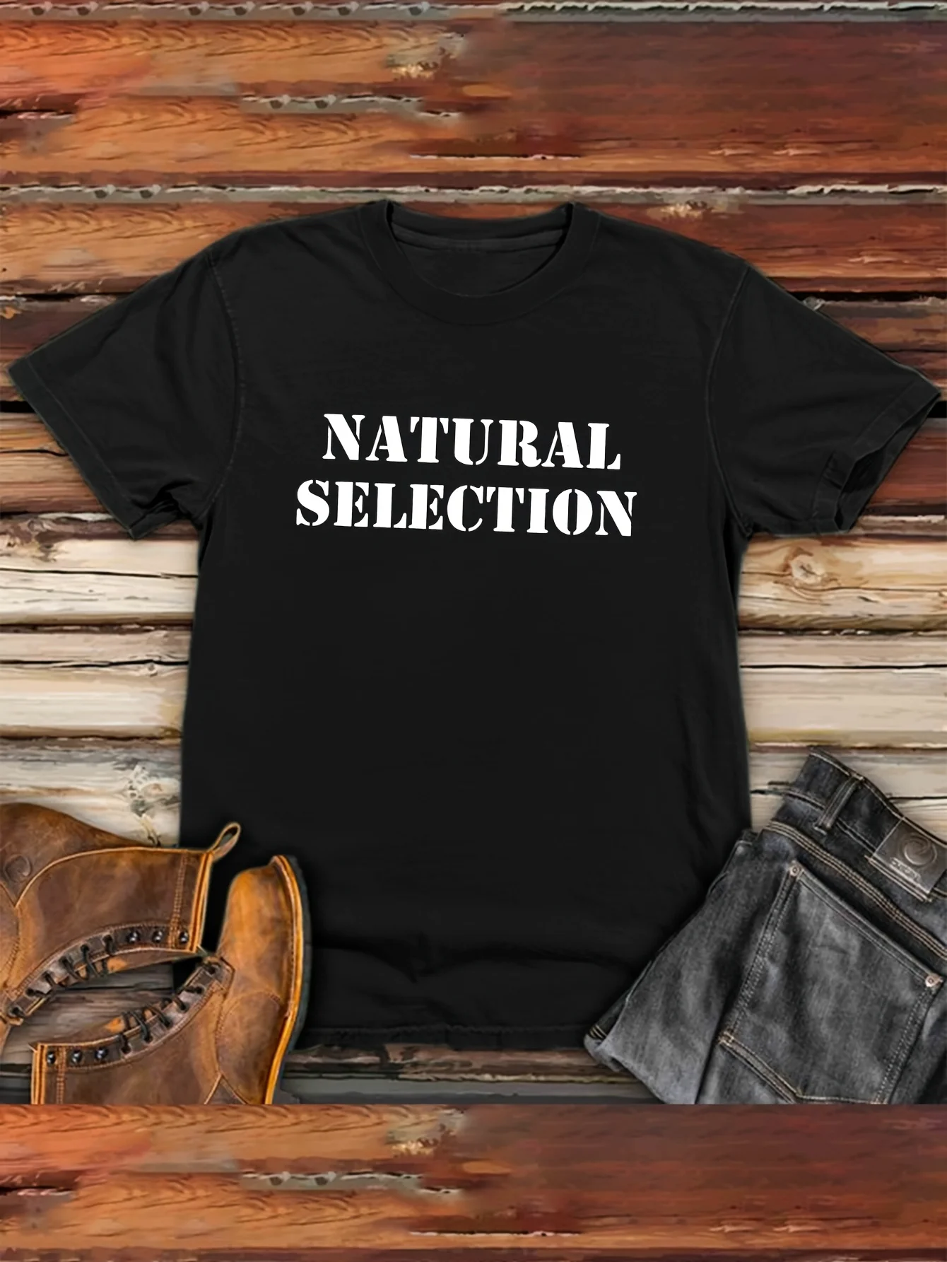 2026 Men'S Casual Blend T-Shirt with Natural Selection Motto | Short Sleeve, Crew Neck, Geometric Pattern, Regular Fit, All-Seas