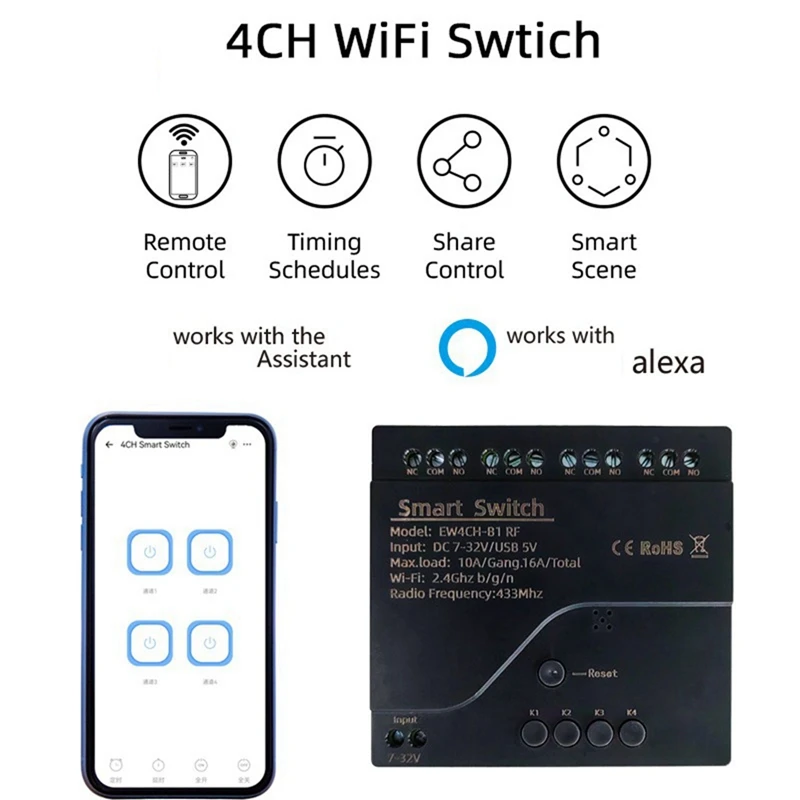 Ewelink 4CH Wifi interruptor de relé inteligente Control de acceso aplicación RF Control remoto 433M funciona con Alexa Google Home