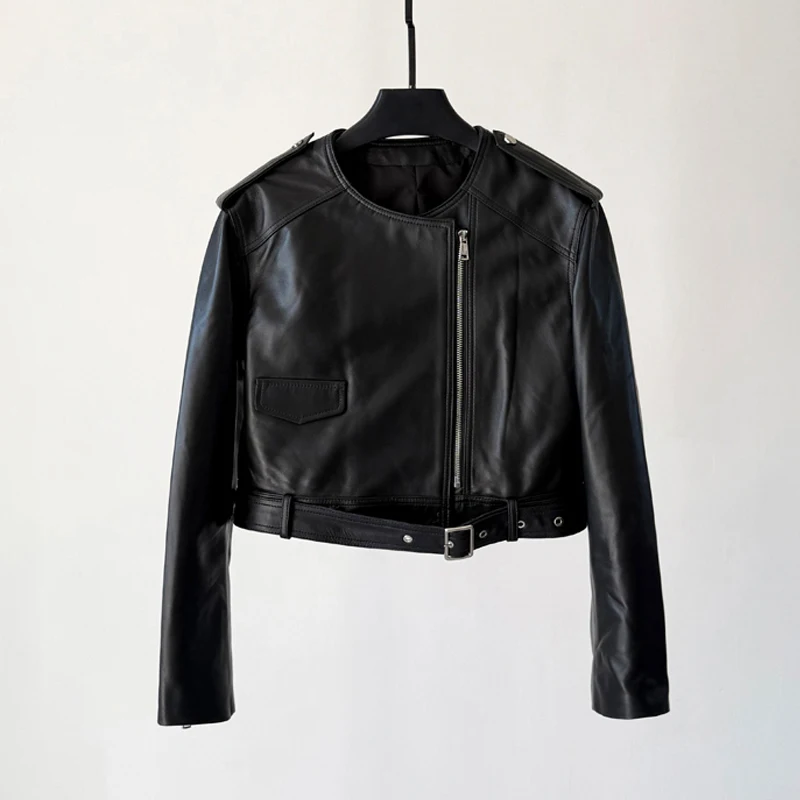 Vintage Öl Wachs Leder Frauen Echt Leder Moto Jacken Mantel 2025, Neue Oansatz Kurze Schaffell Gürtel Weibliche High Street Jacke Tops