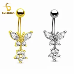 G23titan Butterfly Flower Zircon Pendant Belly Button Ring 14G Titanium Steel Barbell Piercing Body Accessories Navel Jewelry
