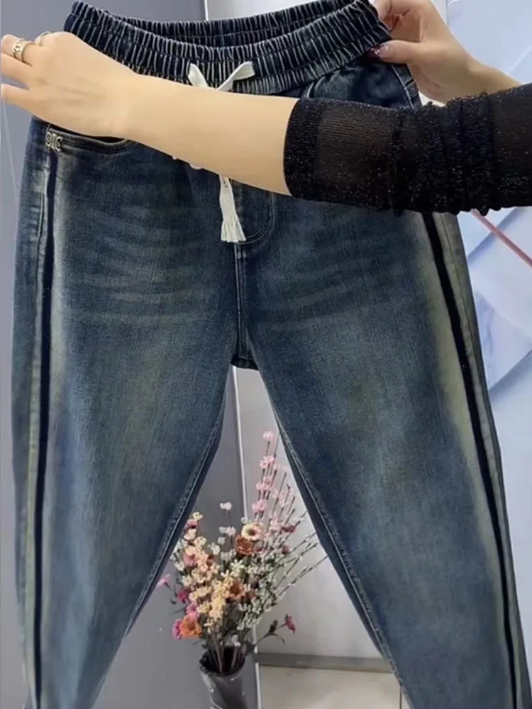 2023 NEW Spring Autumn High Waist Straight Jeans Large Size Loose Fit Stretch Haren Denim Pants Ladies Ankle-Length Jeans Pants