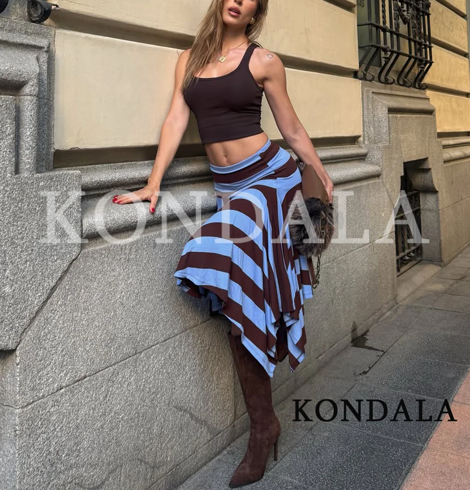 KONDALA Women Elegant Striped Irregular Hem Skirt 2026 Summer Trendy High Street Skirt Female Holiday Casual Elastic Waist Skirt