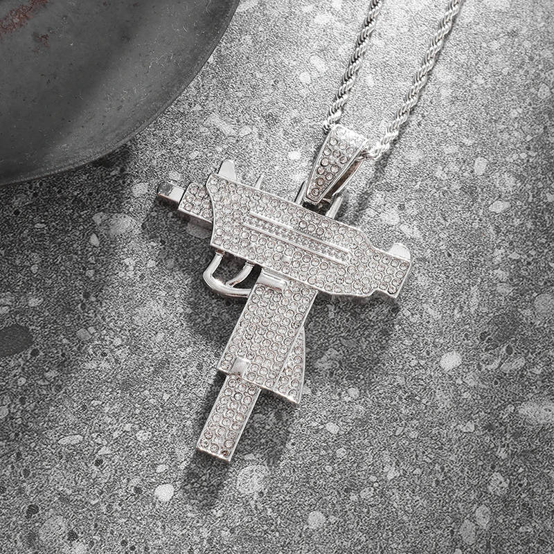 Cubic Zirconia Uzi Colar de Pingente para Homens e Mulheres, Arma Metralhadora, Presente Criativo Jóias, Rock e Hip Hop, Moda, Submachine