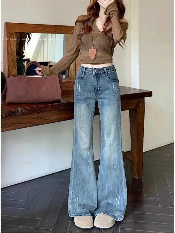 

Retro American High Waist Slim Fit Denim Jeans Women's Spring 2026 New Style Elastic Micro Flared Long Pants Blue