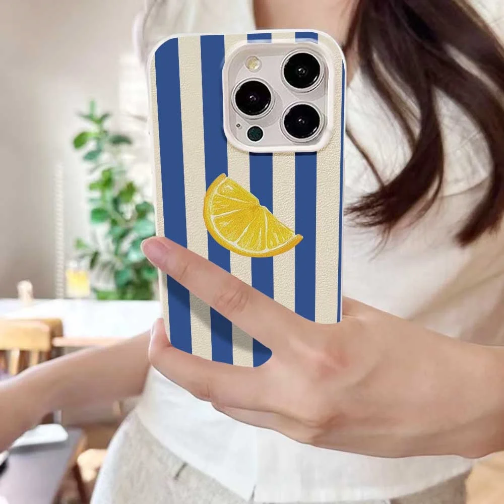 Blau-weiß gestreifte Zitronen-Handyhülle für iPhone 17 16 15 14 13 12 11 Pro Max 16 15 Plus XR Silikon Matt Weiche Stoßfeste Hülle – Detail 4
