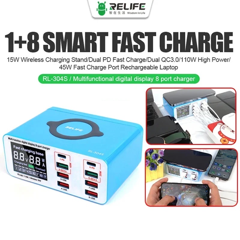 RELIFE RL-304S AC100-240V USB Fast Charger Support QC3.0+PD 15W Wireless Charger for iPhone iPad Samsung Notebook Fast Charging