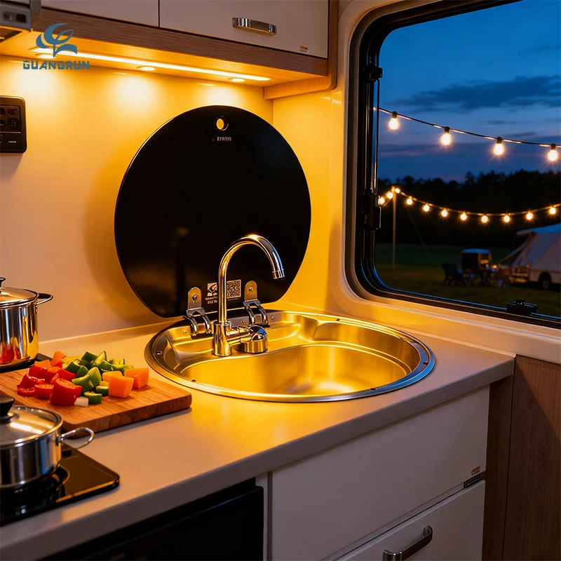 Morden Design Durable SUS Stainless Steel RV Kitchen Sink with Cover for Caravan Accessories