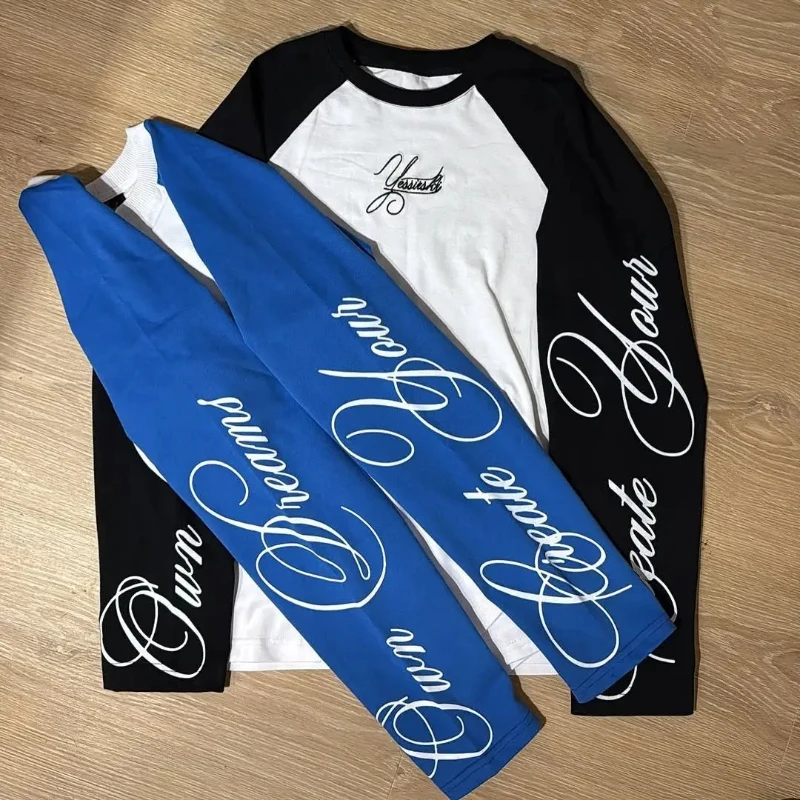 

Autumn Street Fashion Long Sleeved O Neck Long Raglan Sleeve T-shirt 2000s Aesthetic Contrast Letter Printed Splicing Casual Top