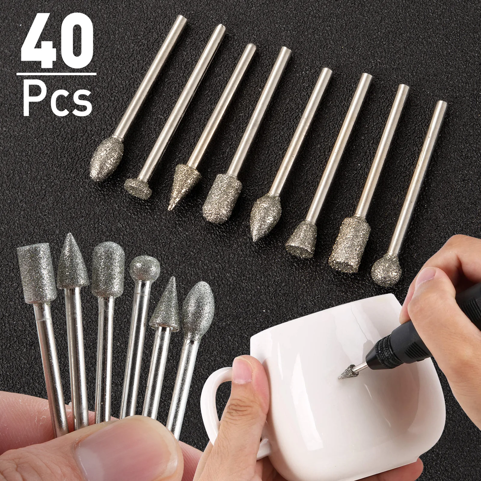 

Набор алмазных шлифовальных насадок, 40 шт., заусенцы для вращающихся инструментов с хвостовиком 3 мм - заостренная конусная форма шарика для металла, камня, стекла, керамики, ювелирных изделий