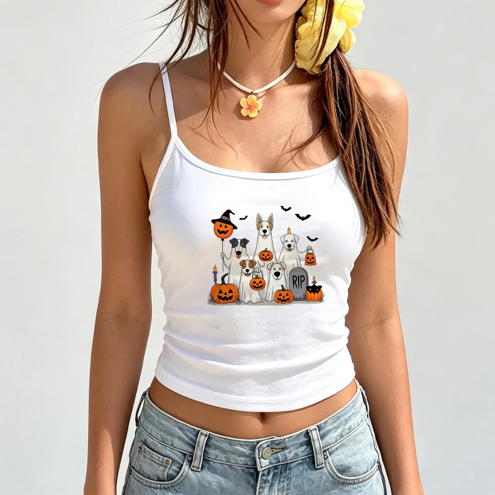Funny Ghost Dog Print Camisole Women Quirky Graphic Tank Top Sleeveless Vest Summer Vibe Fashion Top Beach Party Slogan Tee