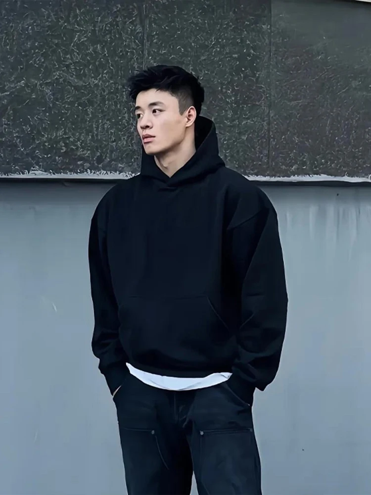

Black Basic Hatless Cord Sweatshirt Men Spring Autumn American Inner Wear Base Shirt Heavyweight Hooded Sports Jacket