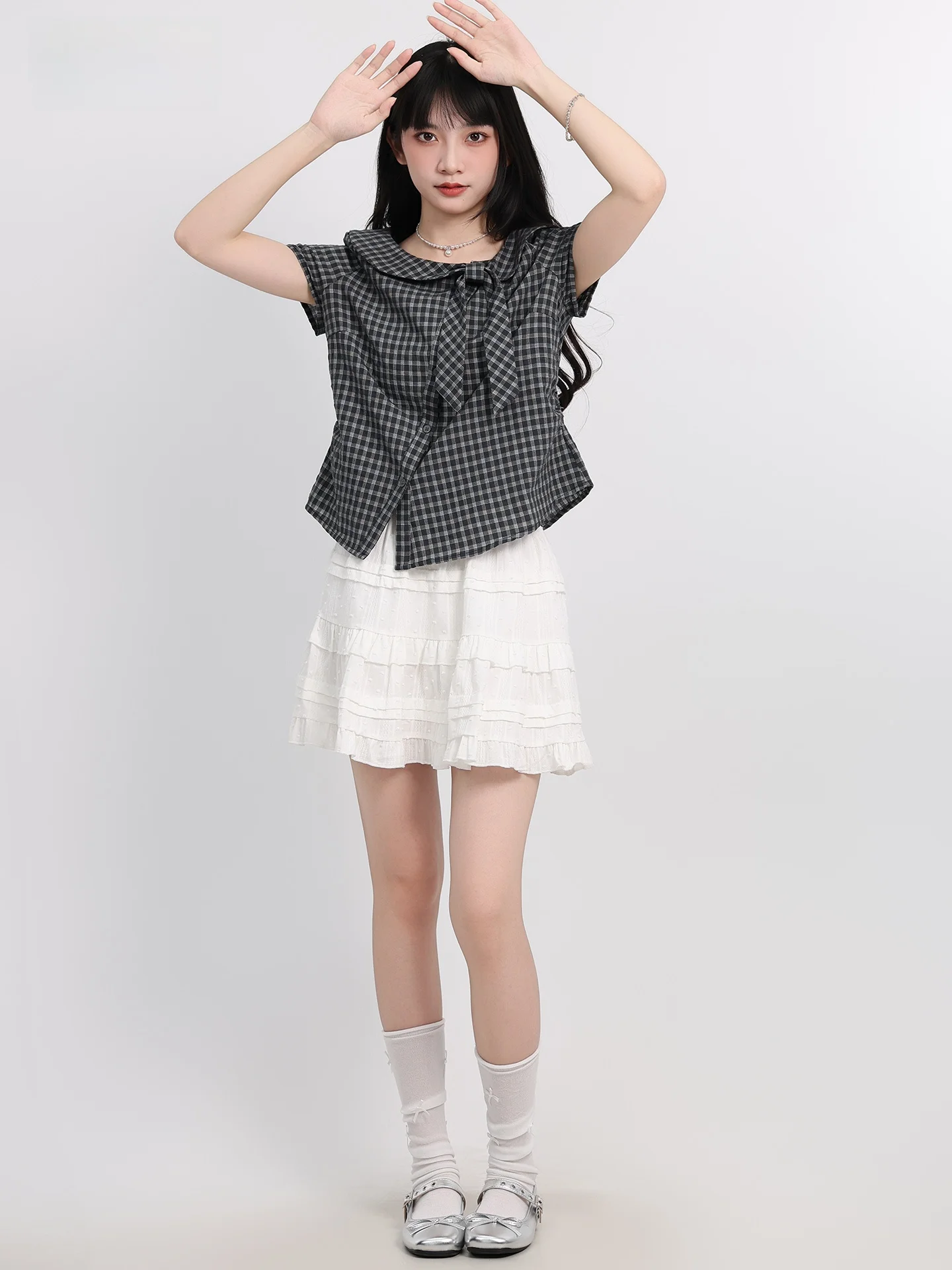 Collège coréen Sle Plaid irt femmes été nouveau ample polyvalent col de poupée cravate ort Sve irt trajet Sle rond Ne