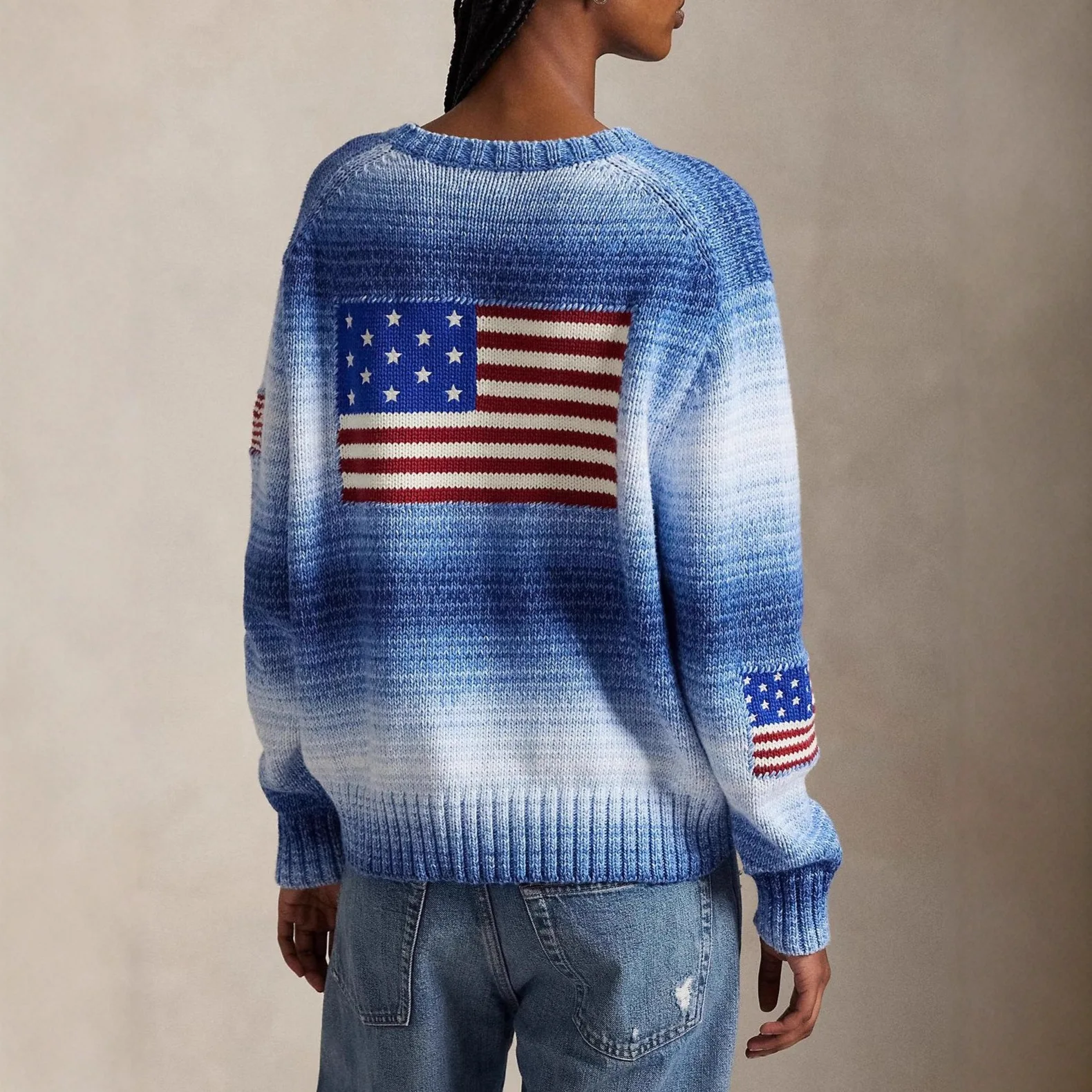 

Women's Retro Long Sleeve Knit Sweater with Flag Design & Gradient Effect - 2026 Fashion Must-Have for Fall/Winter Outfits