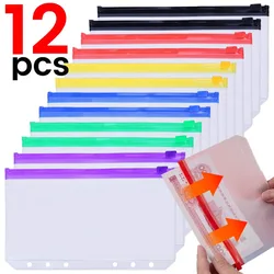 6/12Pcs A6 Size 6 Holes Binder Pockets Transparent Zipper Folders Loose Leaf Bags Waterproof PVC Pouch Document Filing Storage