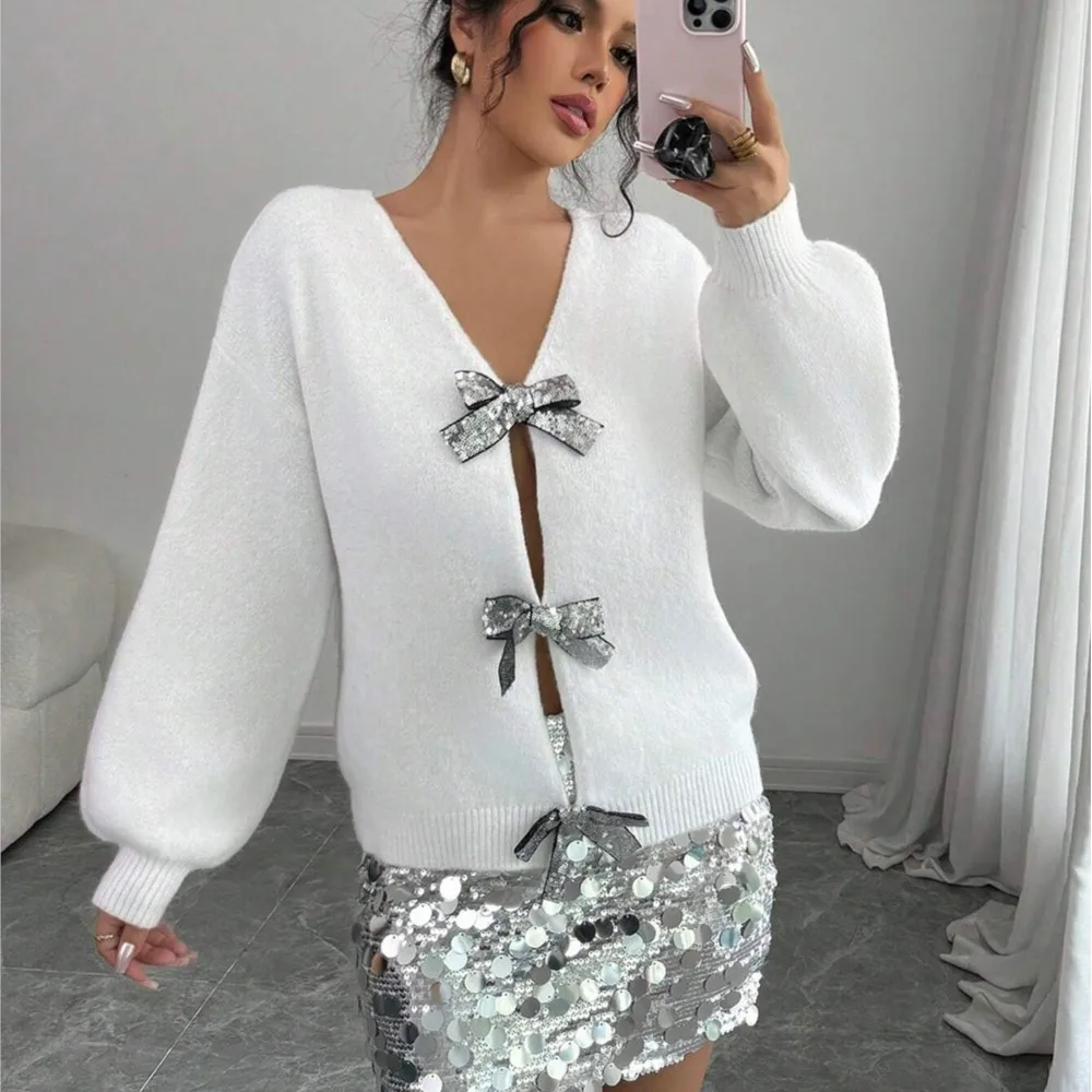 Fall Winter Fashion Beaded Bow Long-Sleeved Sweater Women's Loose Simple Elegant Knitted Ladies Pullover (Can Be Worn Backwards)