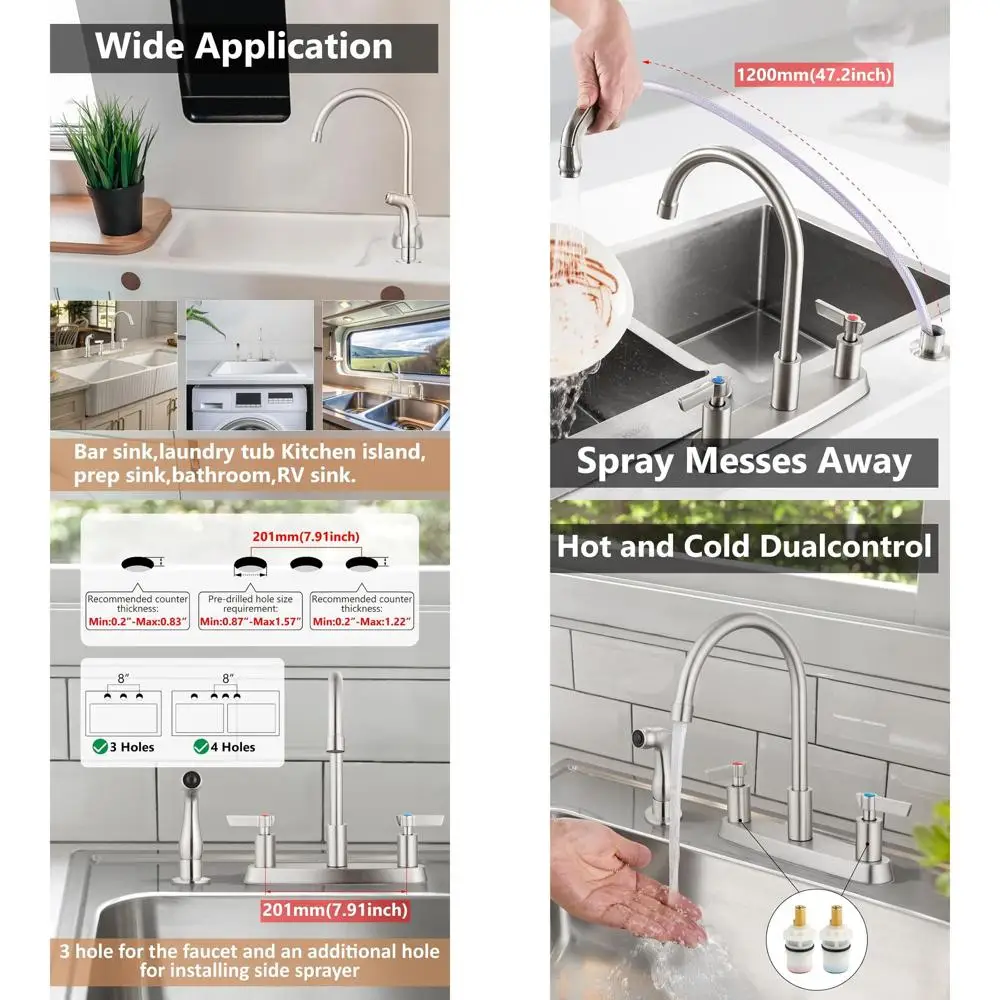 

8 Two-Handle Centerset Kitchen Faucet with Sprayer, 3-Hole, 128 Characters, Brushed Nickel Finish