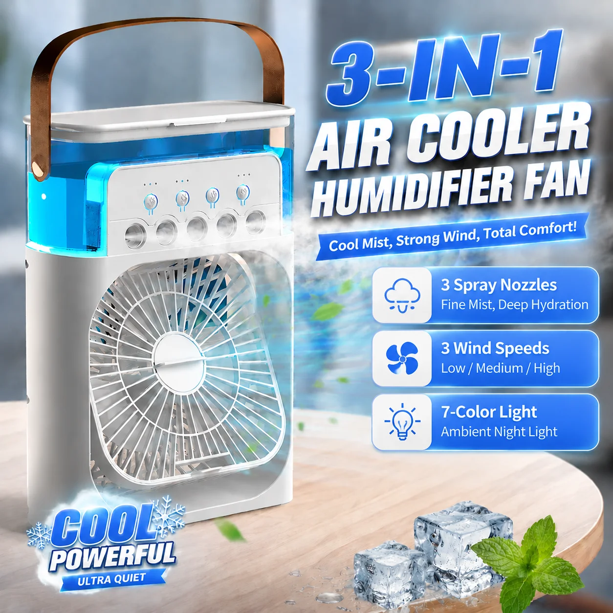 Ventilador 3 en 1, Aire Acondicionado, Luz LED, Humidificador Portátil, Ventilador de Aire Acondicionado para el Hogar y la Oficina, Función de Temporizador, Ventilador de Escritorio con Pulverizador