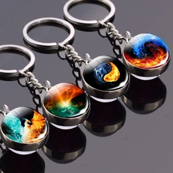 Ice and Fire Phoenix Yin Yang Aurora Keychains Double Sided Glass Ball Pendant Fashion Cool Men's Jewelry Car Key Chain Ornament