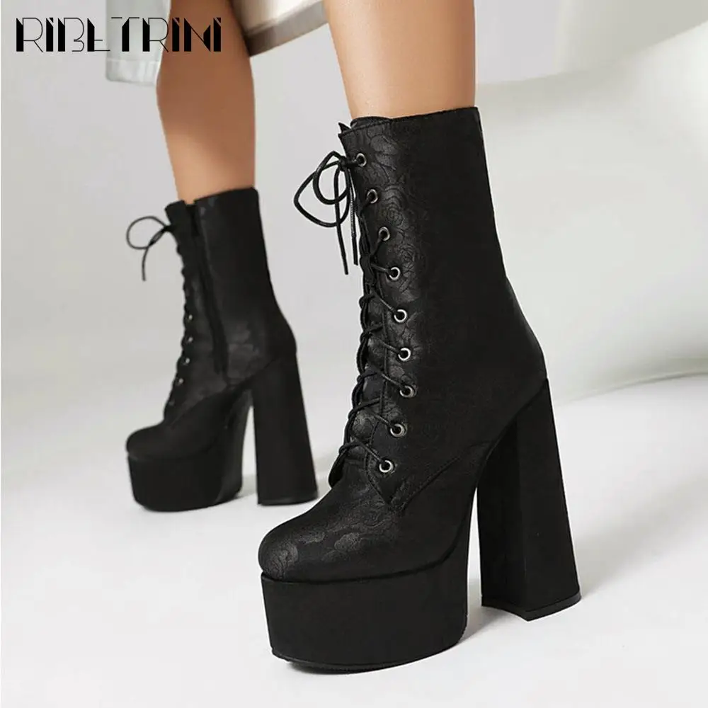 2024 New Winter Women Ankle Boots Chunky High Heels Lace Up Zip Platform Shoes Luxury Elegant Fashion Design Boots For Woman