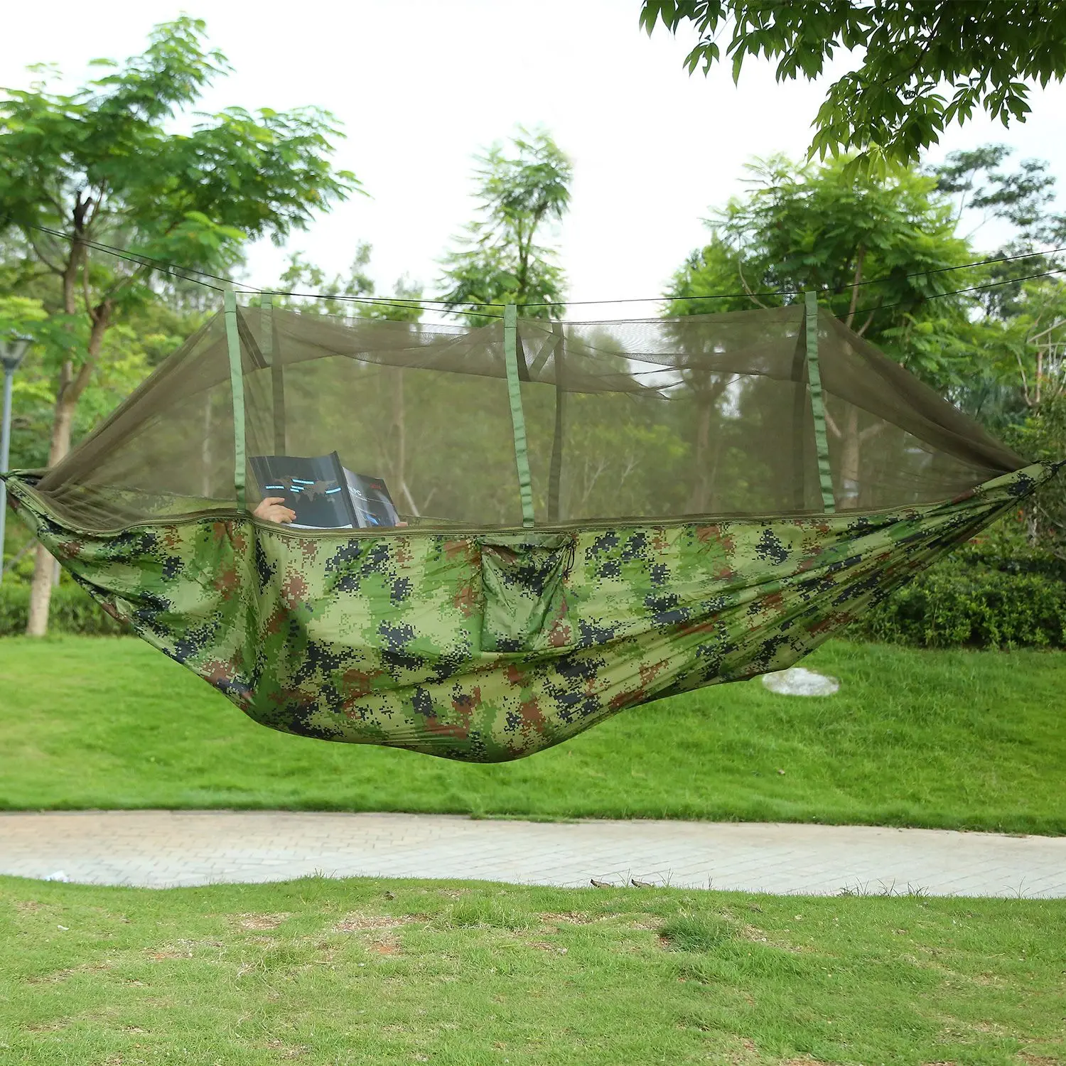 Portable Double Hammock with Net, 600lbs Outdoor Hiking and Camping Hammock Portable Nylon Swing Hammock