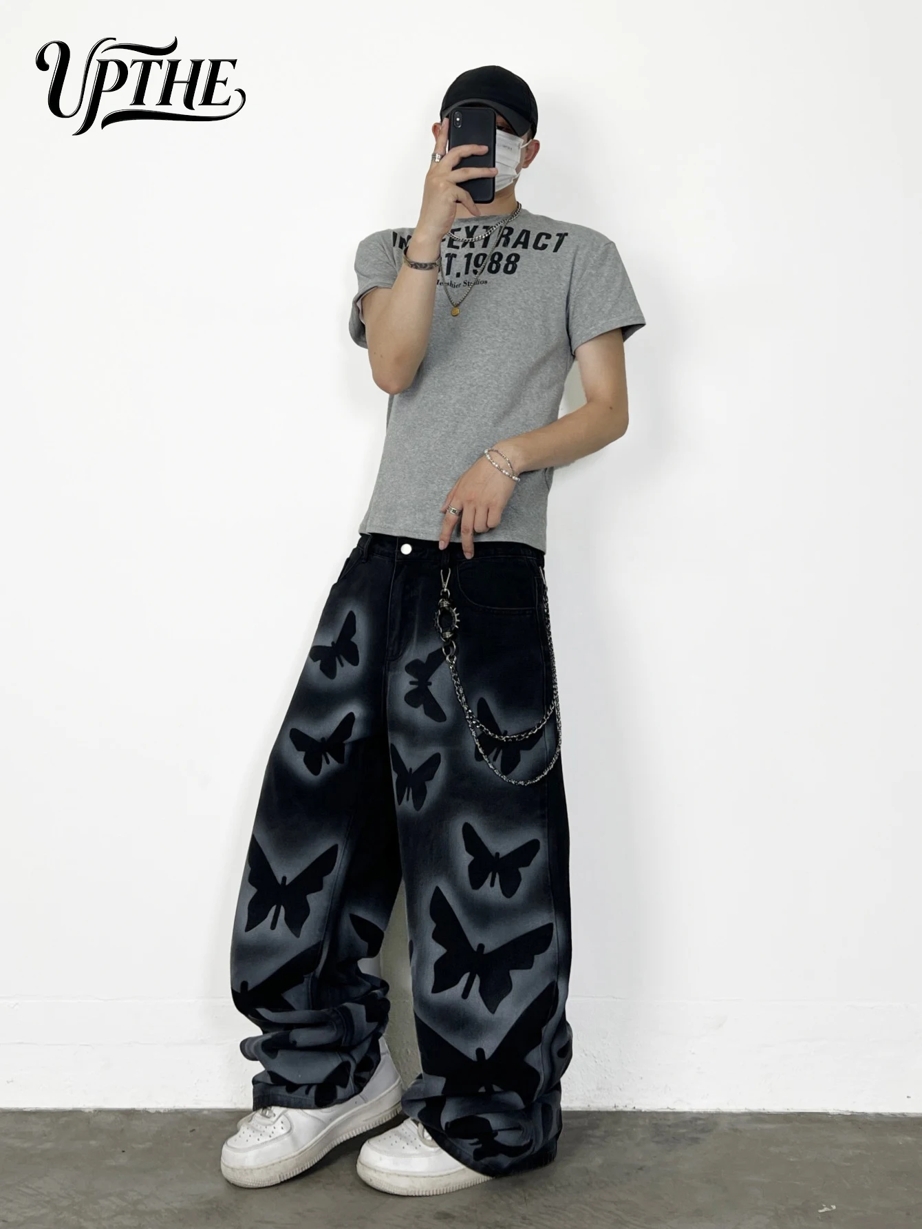 UPTHE Men's Baggy Wide Leg Black Jeans, Butterfly Print Gradient Washed Denim Pants, Oversized Loose Fit Y2K Hip Hop Streetwear Jeans for Men - view 5