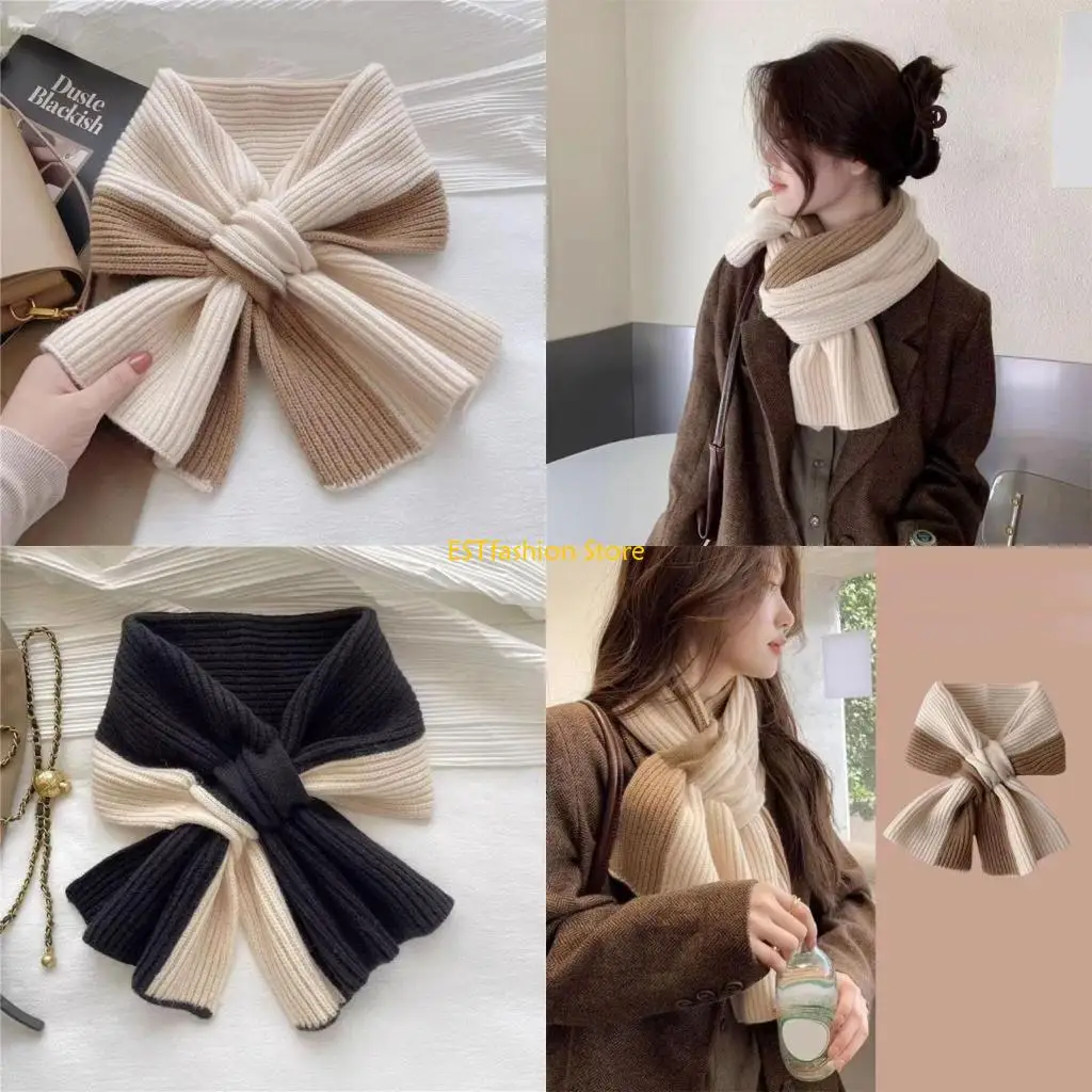Y5GC وشاح نسائي أنيق منسوج بتصميم متقاطع دافئ بلون سادة منديل للرقبة لأيام الخريف والشتاء للارتداء اليومي #1