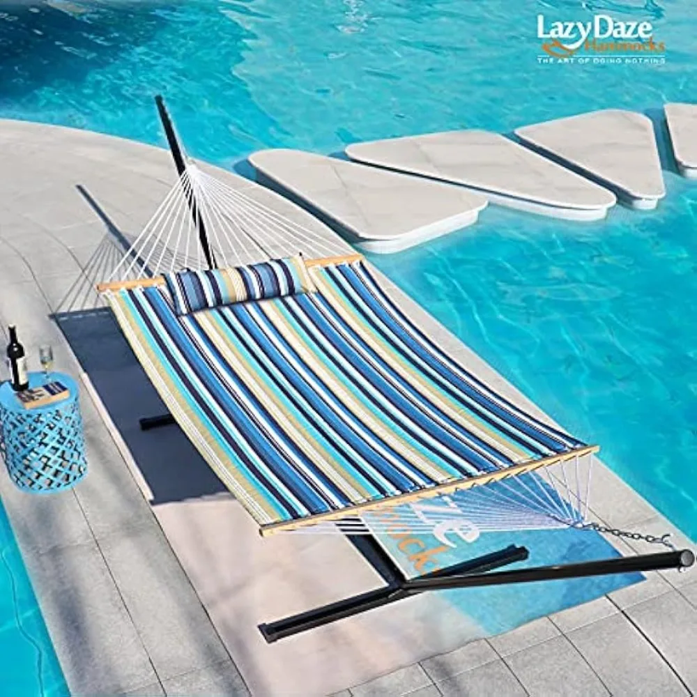 Lazy Daze 12 FT Quilted Fabric Double Hammock with Spreader Bars and Detachable Pillow, 2 Person Hammock Outdoor Patio Backyard