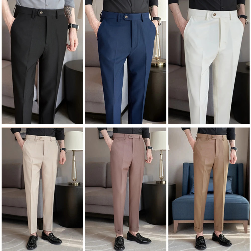 2024 New Men's Slim Fit Tapered Dress Pants Apricot Pearlescent Texture Business Casual Suit Trousers Spring Clothes