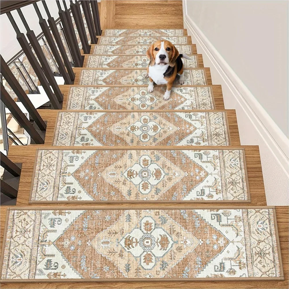 Anti Slip 15 Piece Set of 8-inch X 30 Inch Stair Treads, Washable Self-adhesive Stair Treads, Anti Fouling Stair Carpet