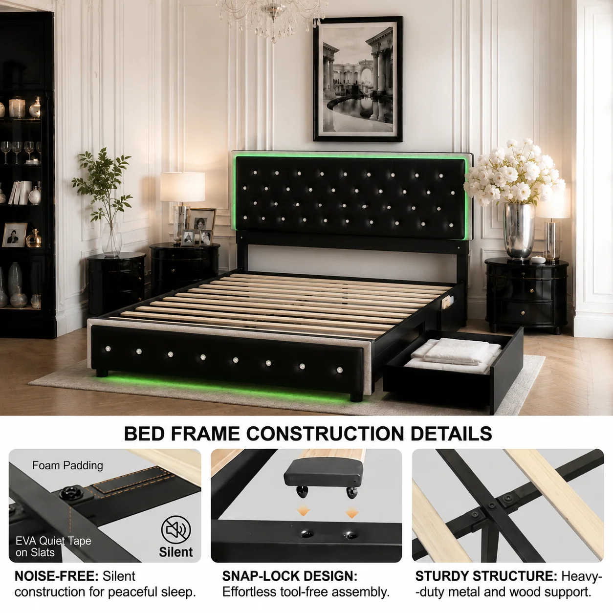 Sibeds Queen Size Bed Frame with LED Lights , King Size with 2 Drawers, Full Bed Crystal Button Tufted Headboard, Solid Slats, Noise Free, No Box Spring Needed, Easy Assembly，PU & Velvet view 8