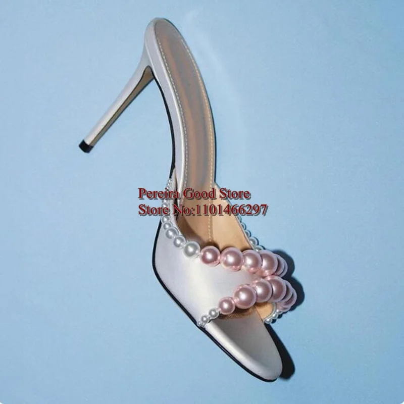 Concise Pearls Decor High Heel Slippers White Black Satin Open Toe Cover Heels Female Summer Mules Shoes 10cm