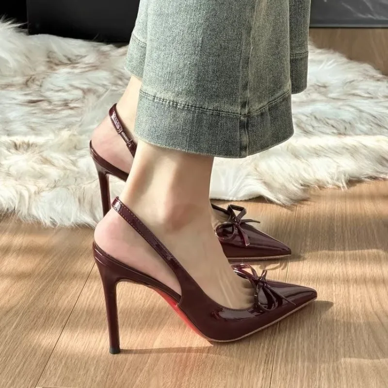

Wine Red High Heels Women's 2026 New Pointed Toe Butterfly Knot Ultra Thin Heel Semi Open Toe Sexy Cover Head Sandals Women