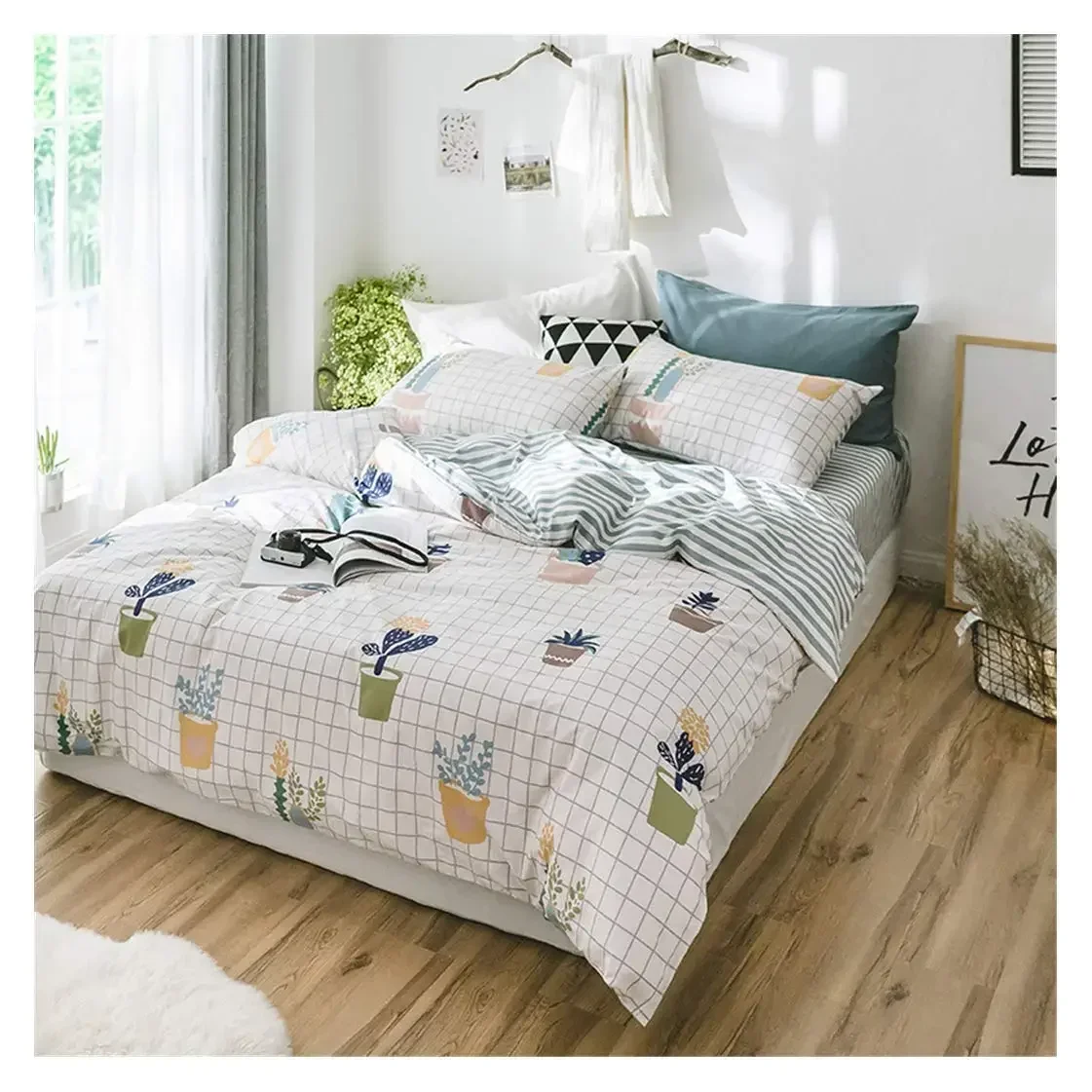 4 Piece Potted Plants Bedding Set Cactus Printed Duvet Cover Set Cotton Pale Yellow for Teens Girls