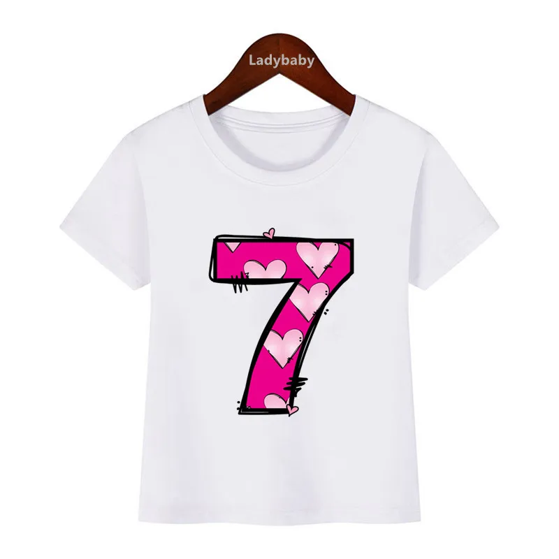 Pink Heart Number Bow Happy Birthday Kids T shirt 1 2 3 4 5 6 7 8 9 Years Girls Clothes Summer Short Sleeve Baby Boys T-Shirts